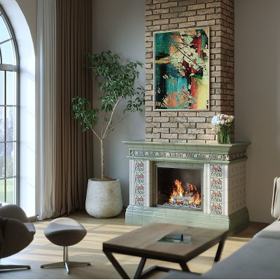 Камин Арт Нуво комплекте до полки. Фисташковый с росписью